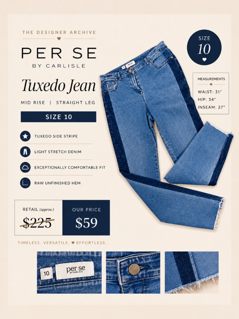Per Se by Carlisle Tuxedo Stripe Jeans Size 10